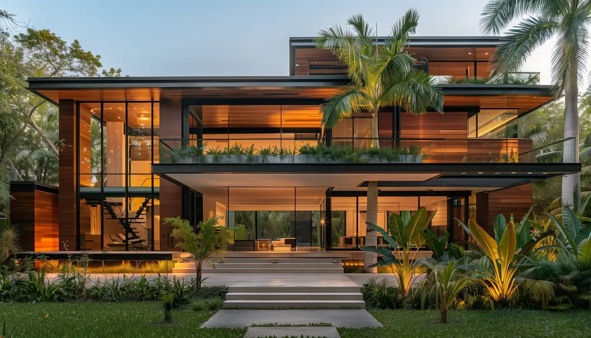 Stunning modern luxury home with contemporary architecture, warm wood and glass exterior, surrounded by tropical landscaping - showcasing premium property management services